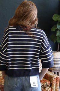 Navy Short Sleeve Striped Knit Top