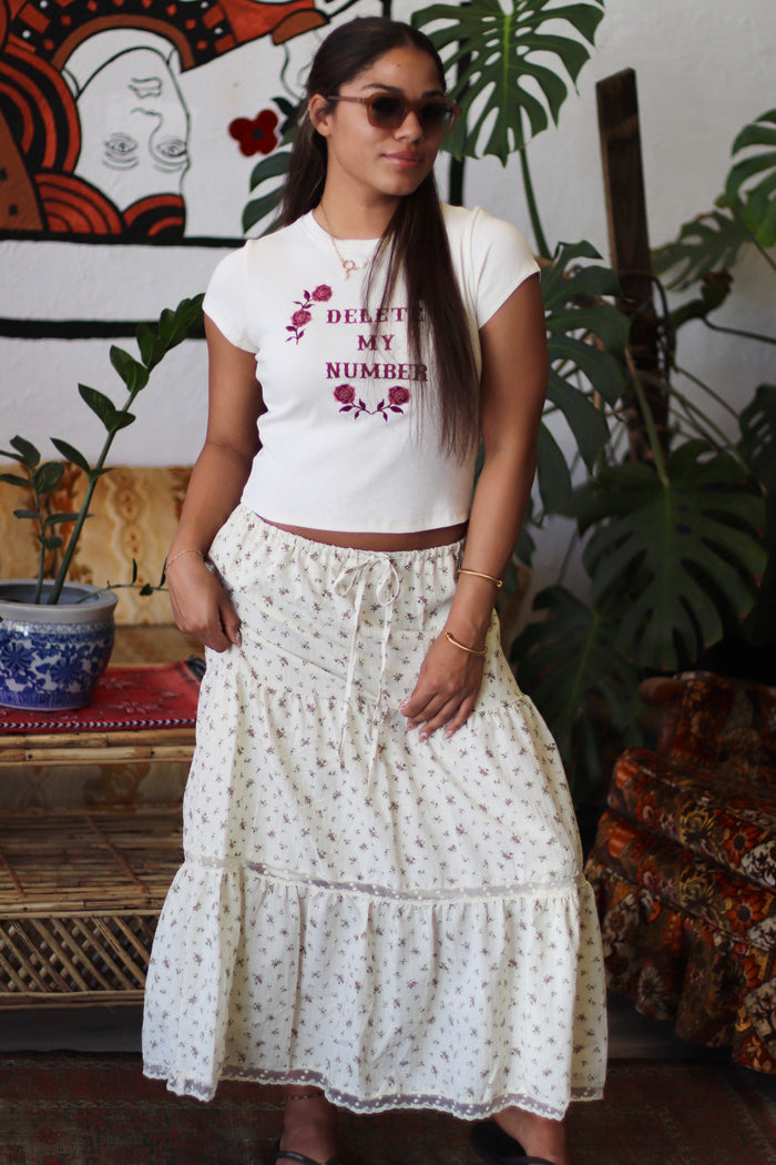 Cream Floral Maxi Skirt w/ Polka Dot Detail