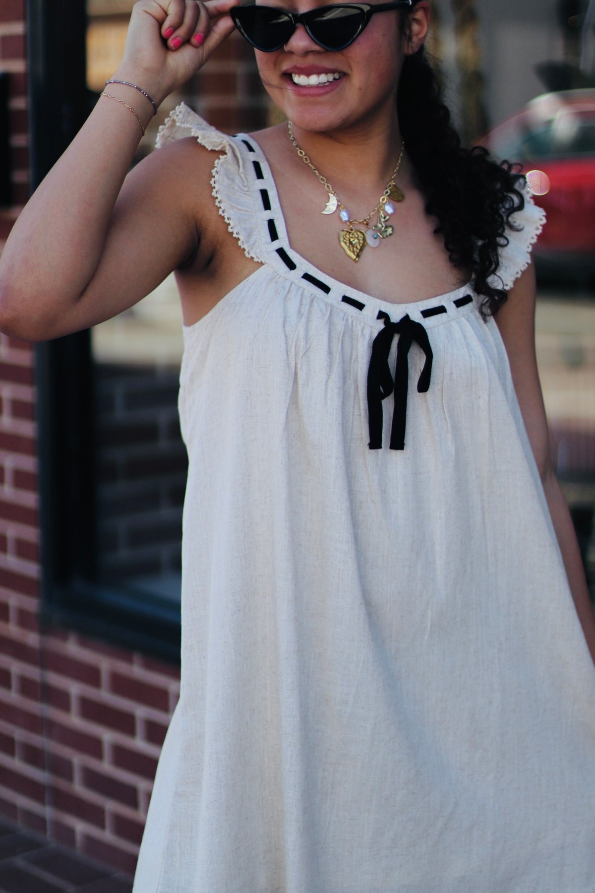 Front Tie Ruffle Sleeve Woven Mini Shift Dress Oat