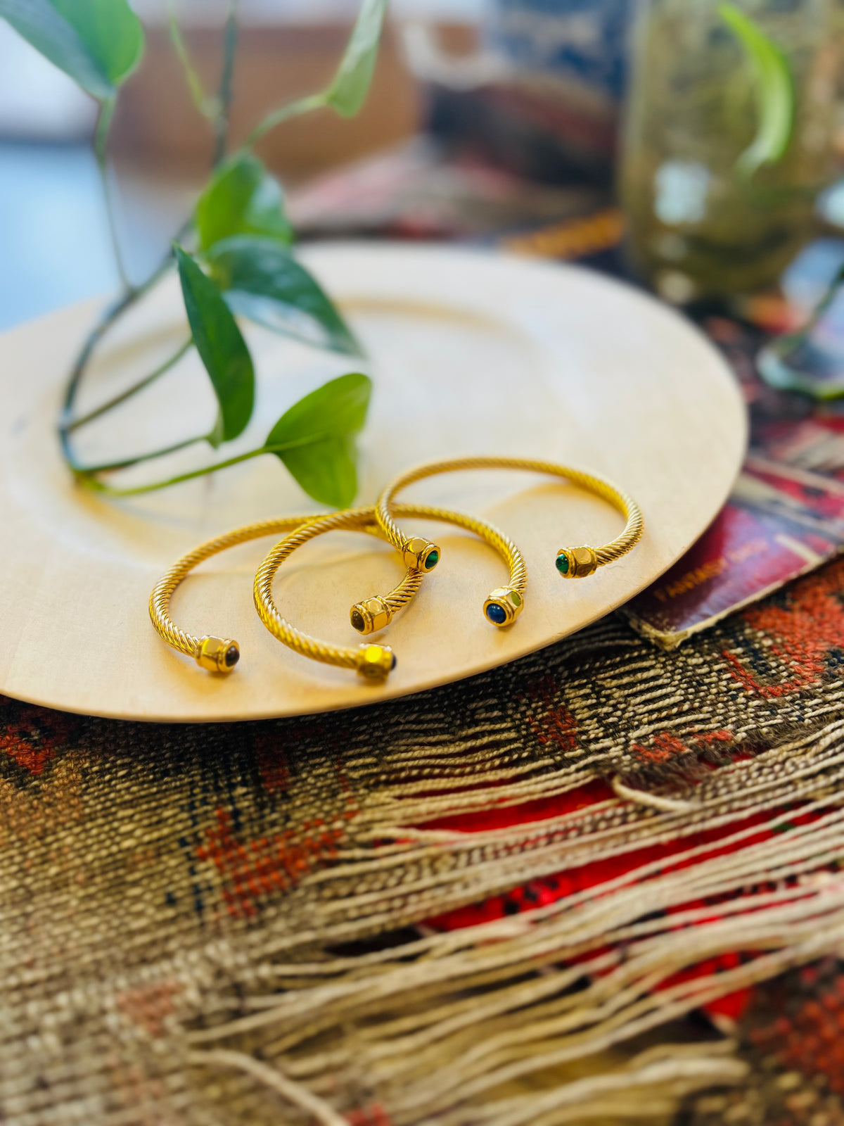 Inlaid Stone 18K GP Spiral Cuff + Malachite