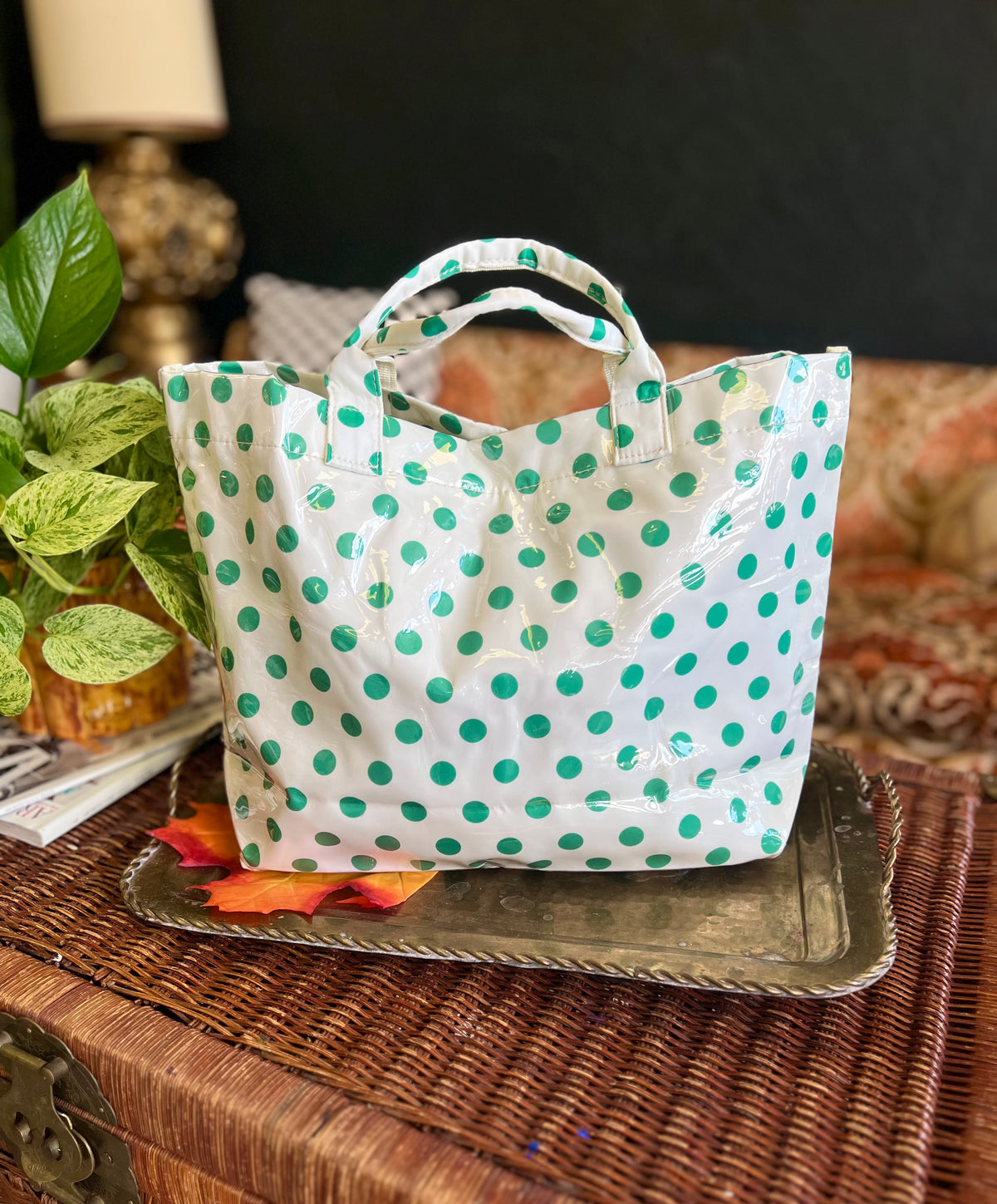 Polka Dot Tote Bag in Ivory & Green
