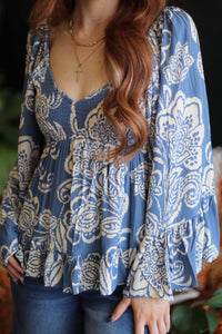 Amy Blue Flowy Bell Sleeve Top