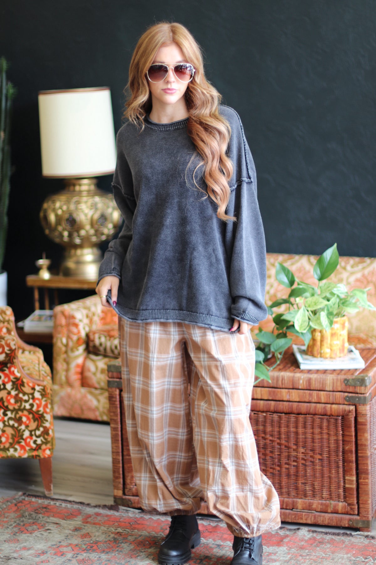 Moonlight Plaid Balloon Pants in Latte