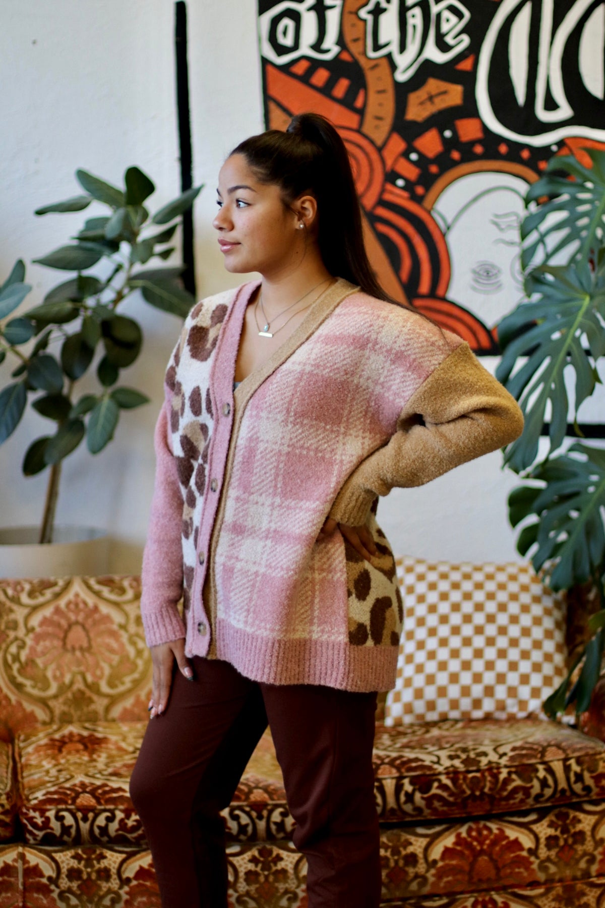 Leopard & Plaid Knit Sweater Cardigan