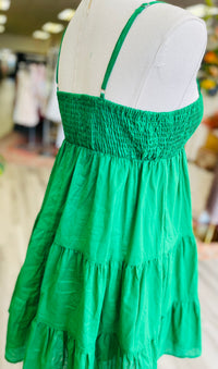 Cotton Smocked Tiered Mini Dress in Green
