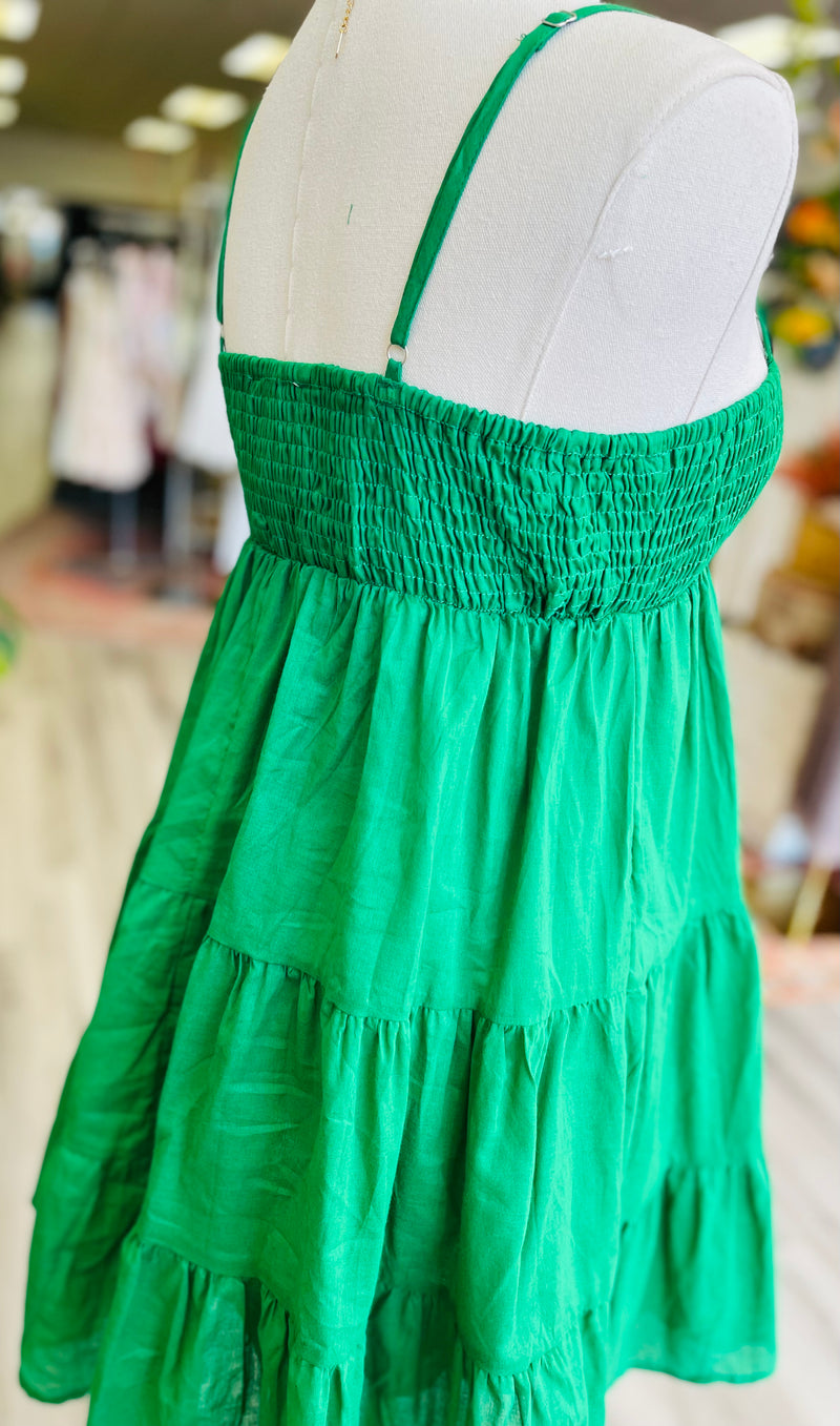 Cotton Smocked Tiered Mini Dress in Green