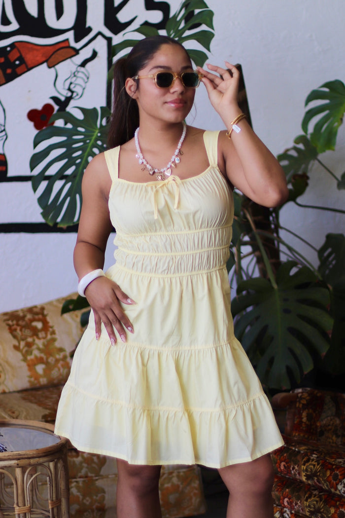 Butter Yellow Tie Neck Sleeveless A-Line Mini Dress