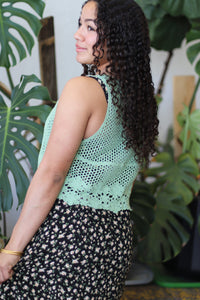 Floral Hem Detail Crochet Knit Vest Sage