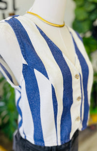 Woven Blue Striped Crop Vest