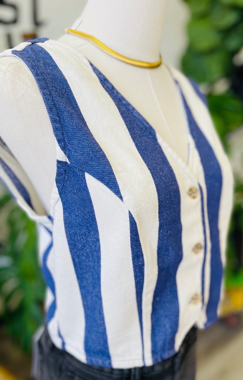 Woven Blue Striped Crop Vest