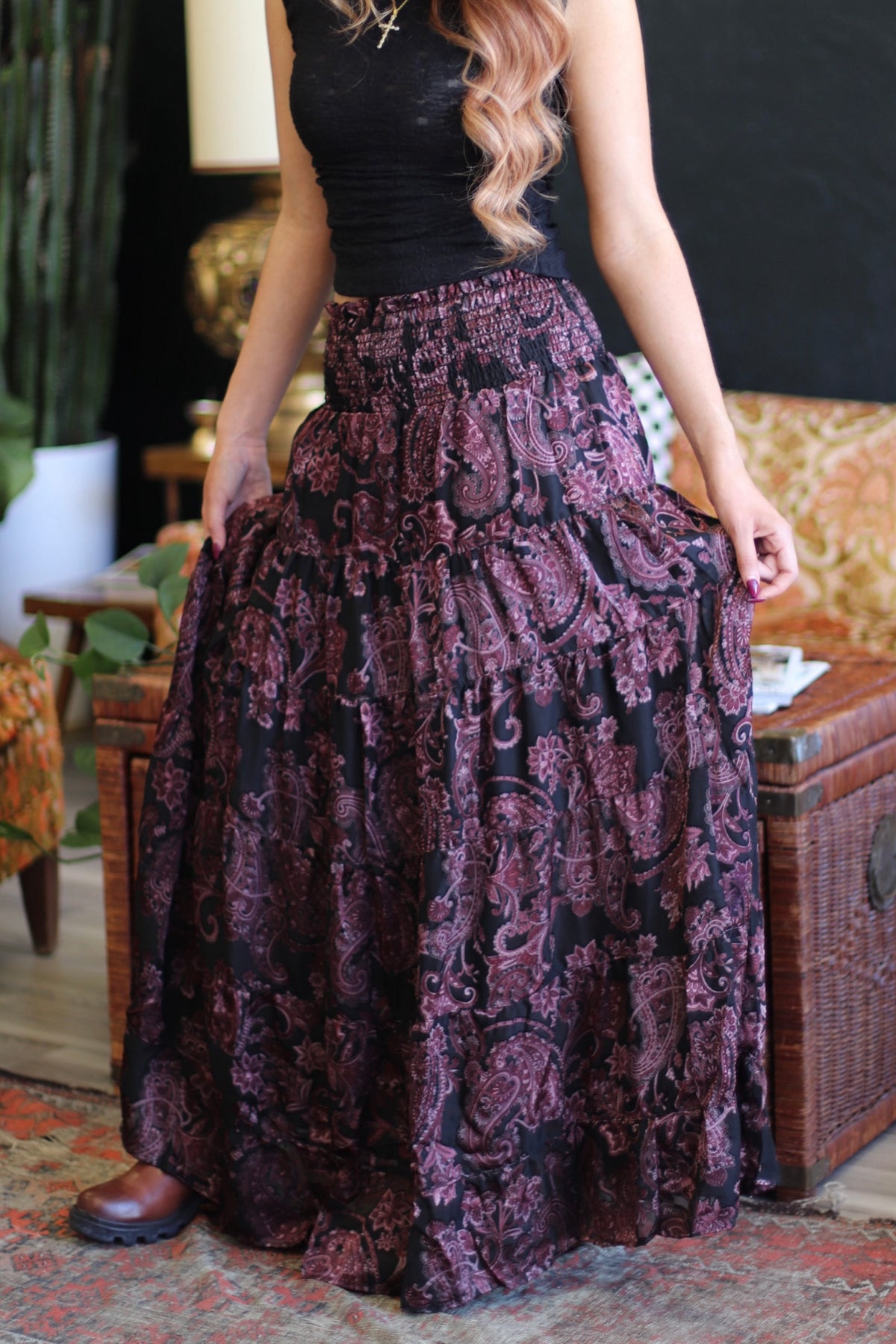 Bethany Black & Wine Paisley Maxi Skirt
