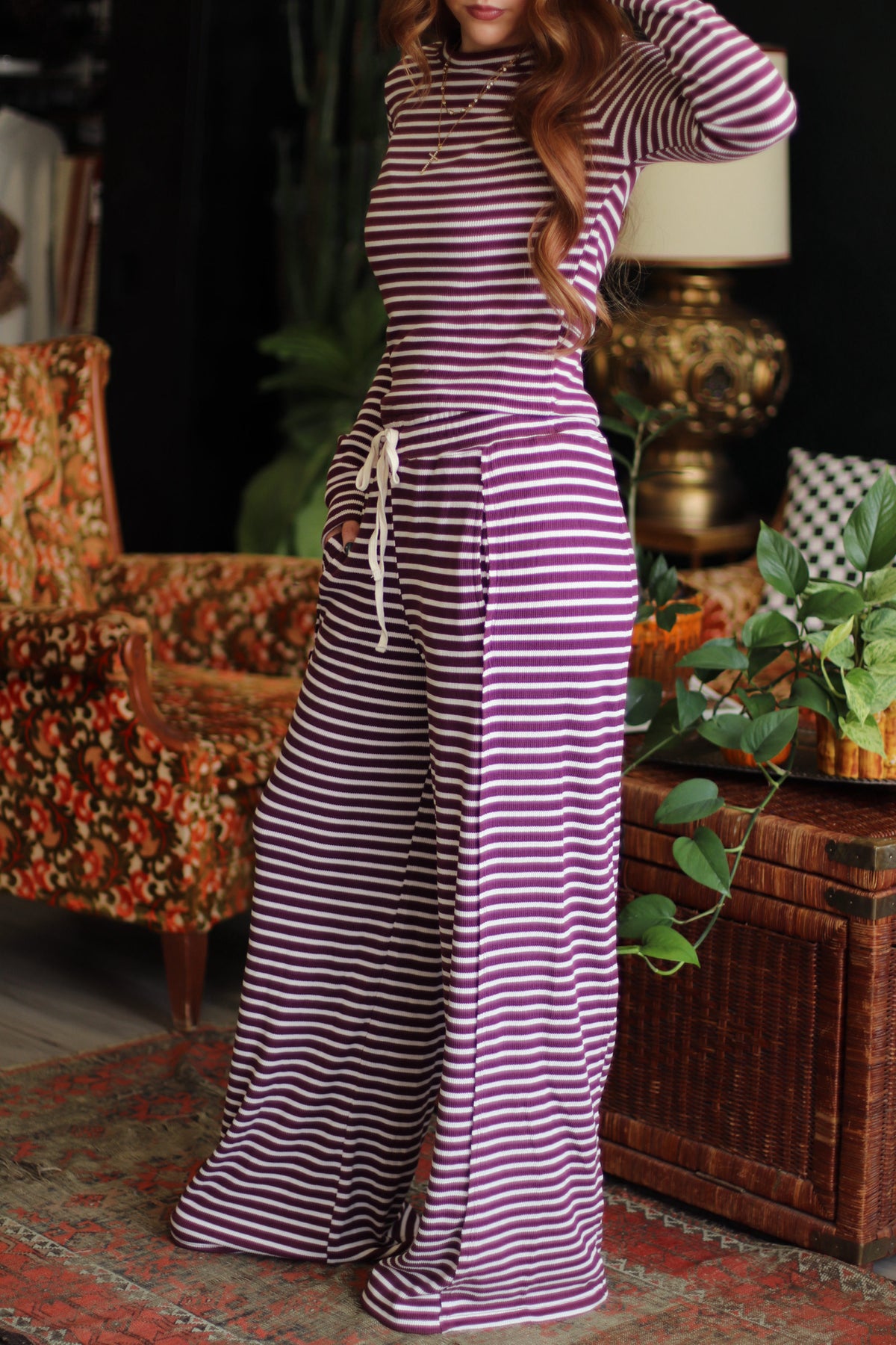 Plum Striped Ribbed Knit Long Sleeve Top & Pants Set