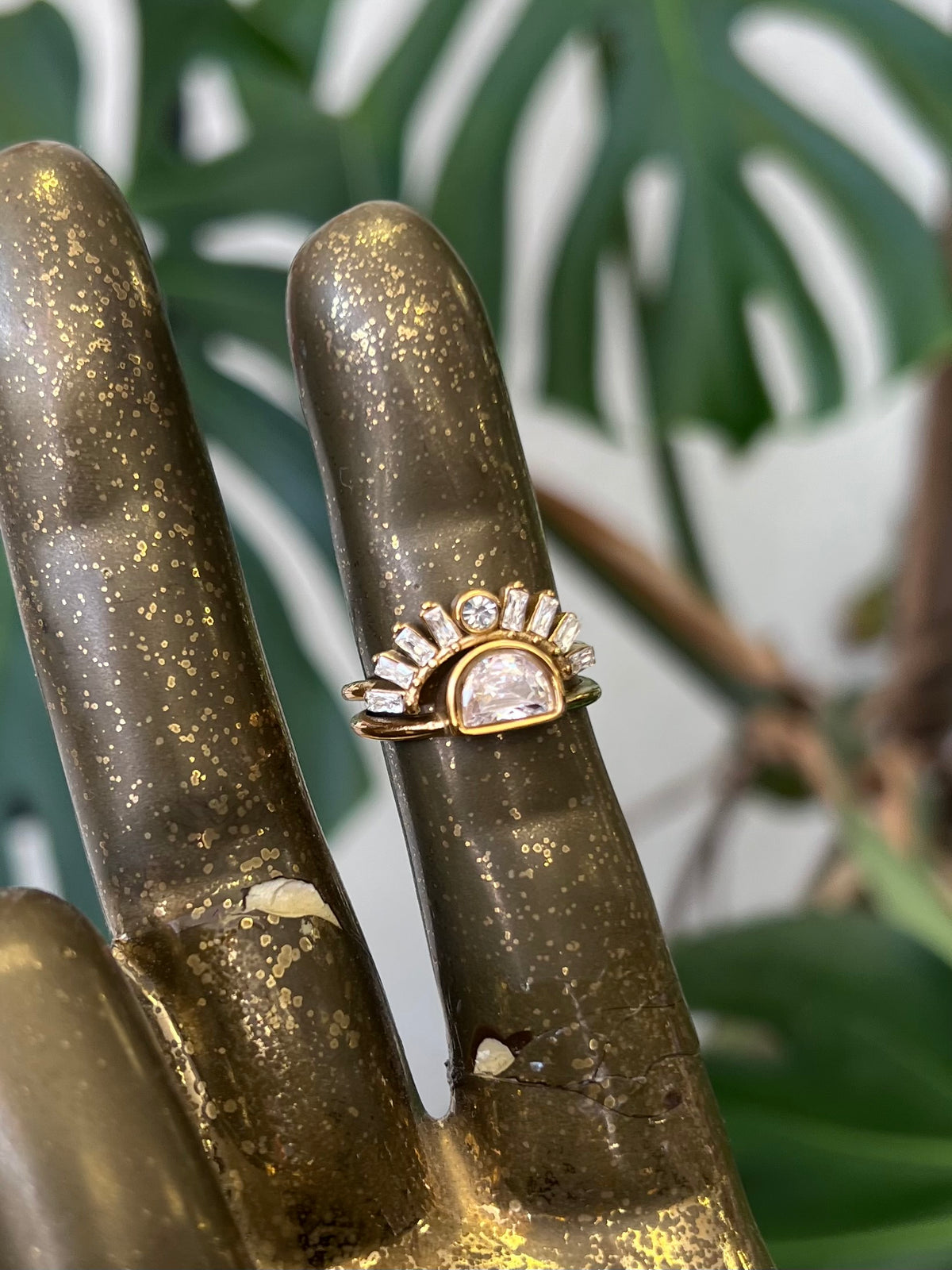 Zircon Inlaid 18K Gold Plated Stainless Steel Stacking Ring