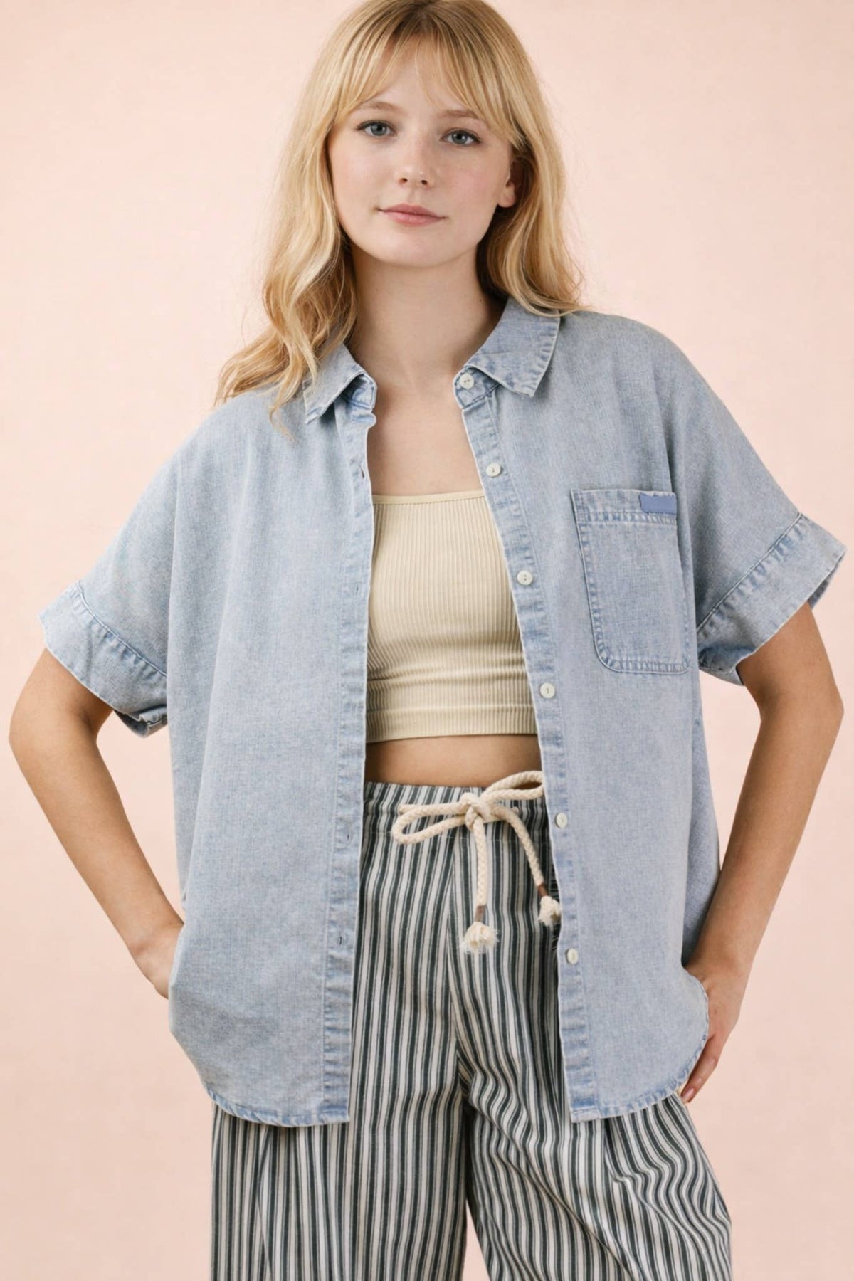 Chambray Oversized Button Down Top