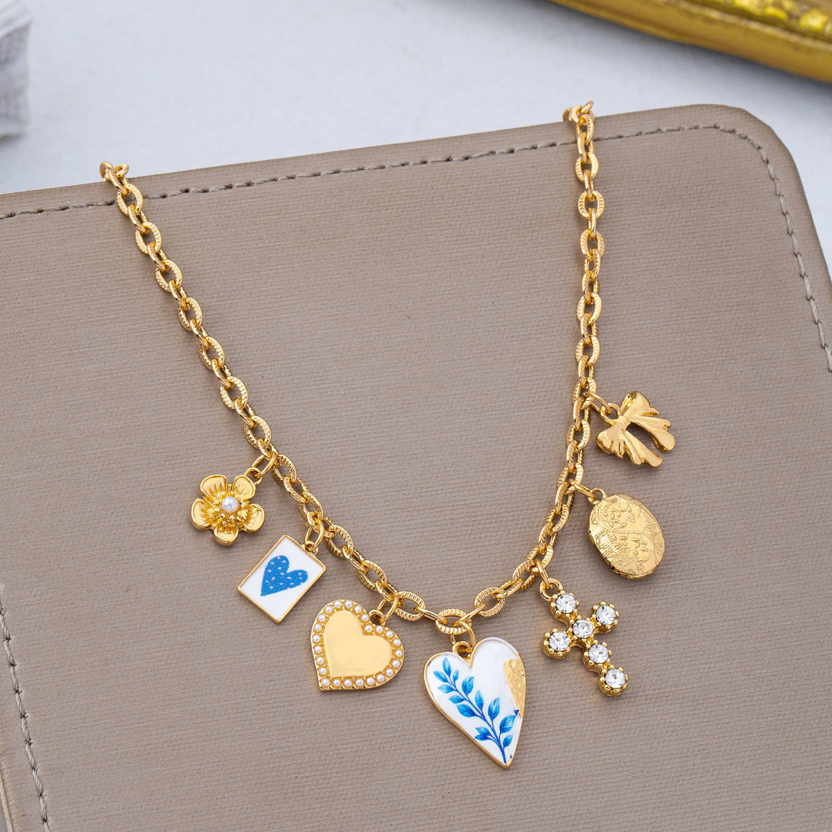 Blue Heart Coquette Multi-Charm Link Necklace