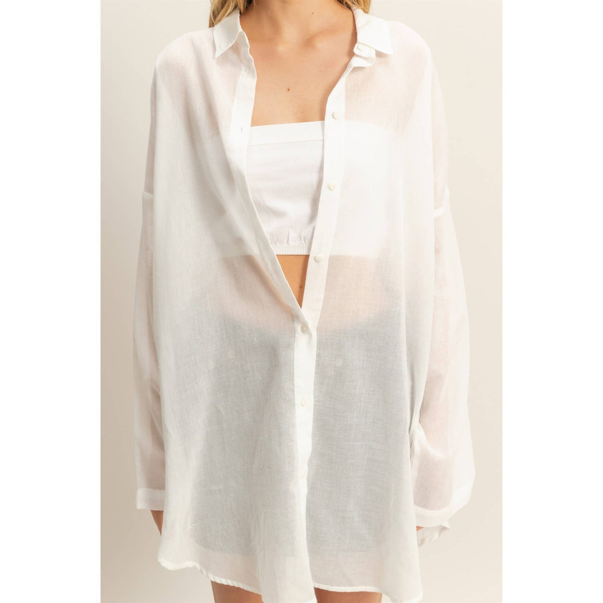 Cotton Button Down Tunic Shirt in Ivory