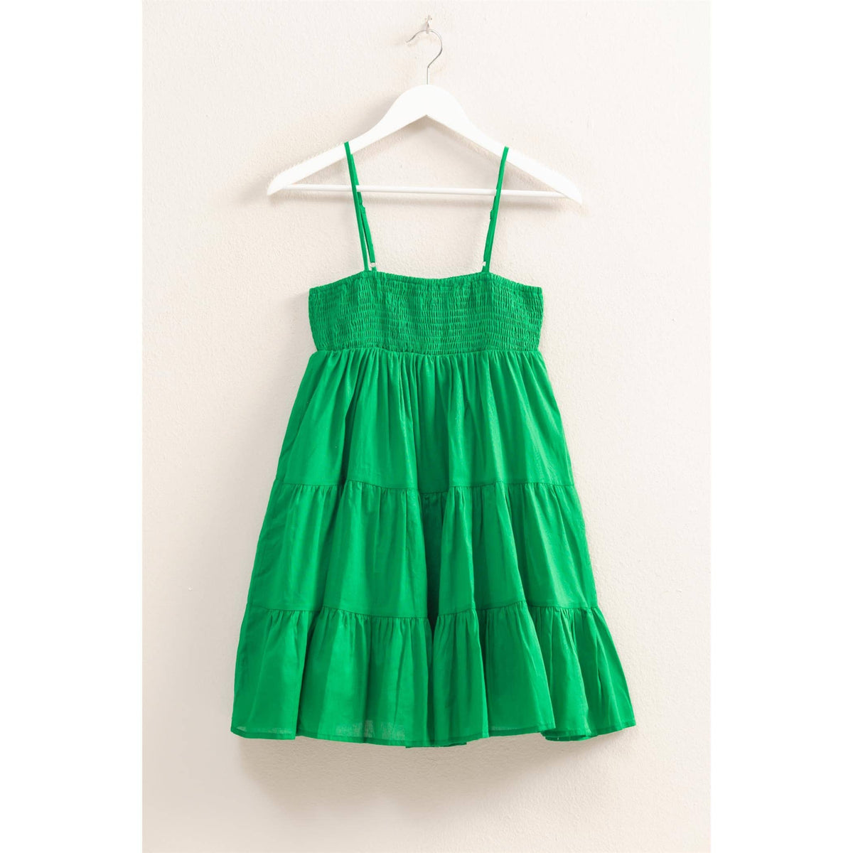 Cotton Smocked Tiered Mini Dress in Green