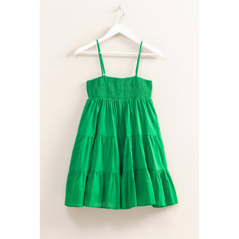Cotton Smocked Tiered Mini Dress in Green