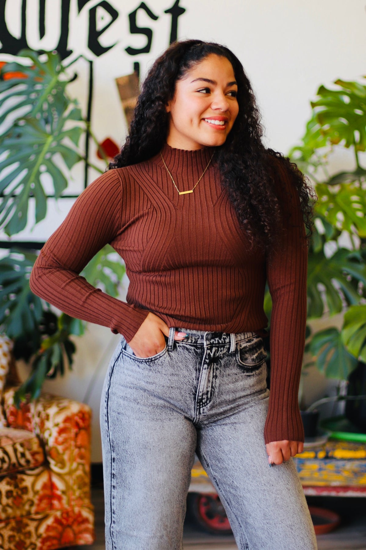 Fitted High Neck Sweater + Brown