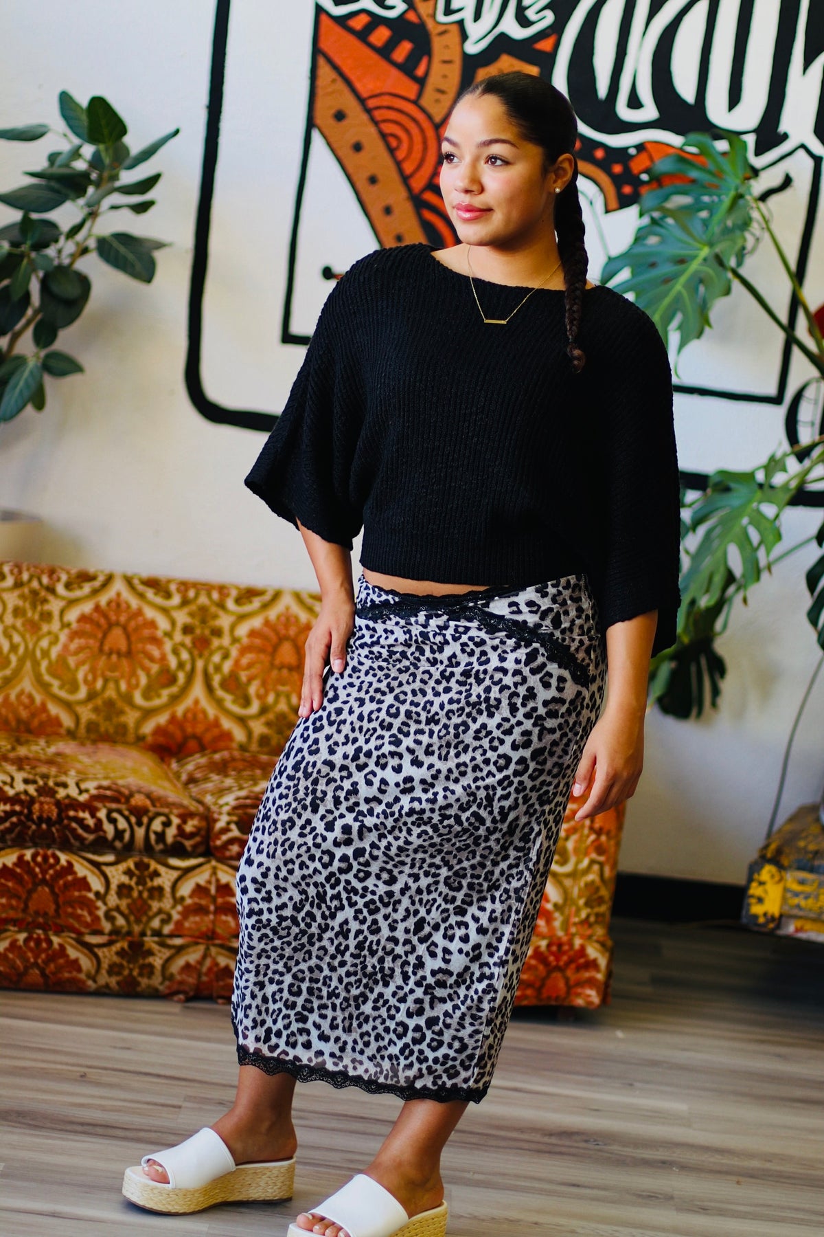 Leopard Pencil Skirt w/ Lace Trim