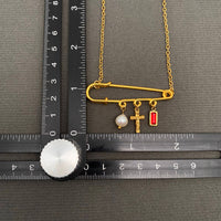 Pearl & Cross Safety Pin 18K GP S.Steel Necklace