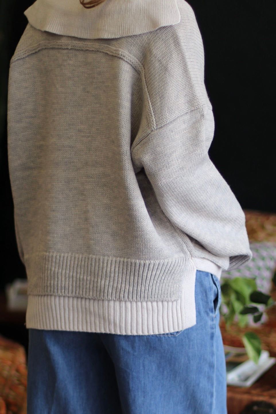 Veronica Collared V-Neck Sweater + Beige/Grey