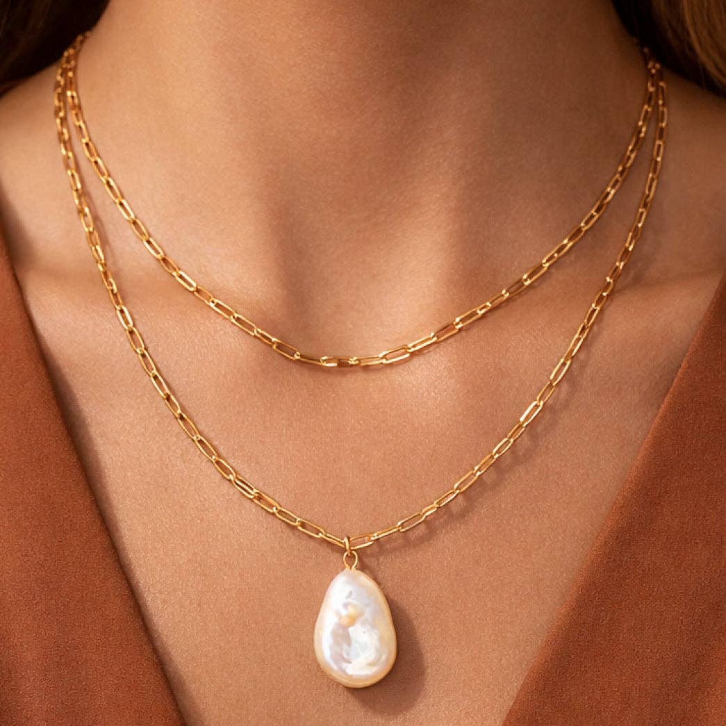 18K Gold Plated Stainless Steel Chain Freshwater Pearl Necklace