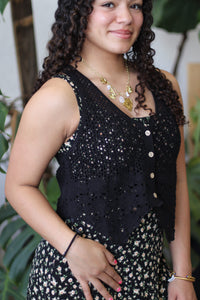 Floral Hem Detail Crochet Knit Vest Black