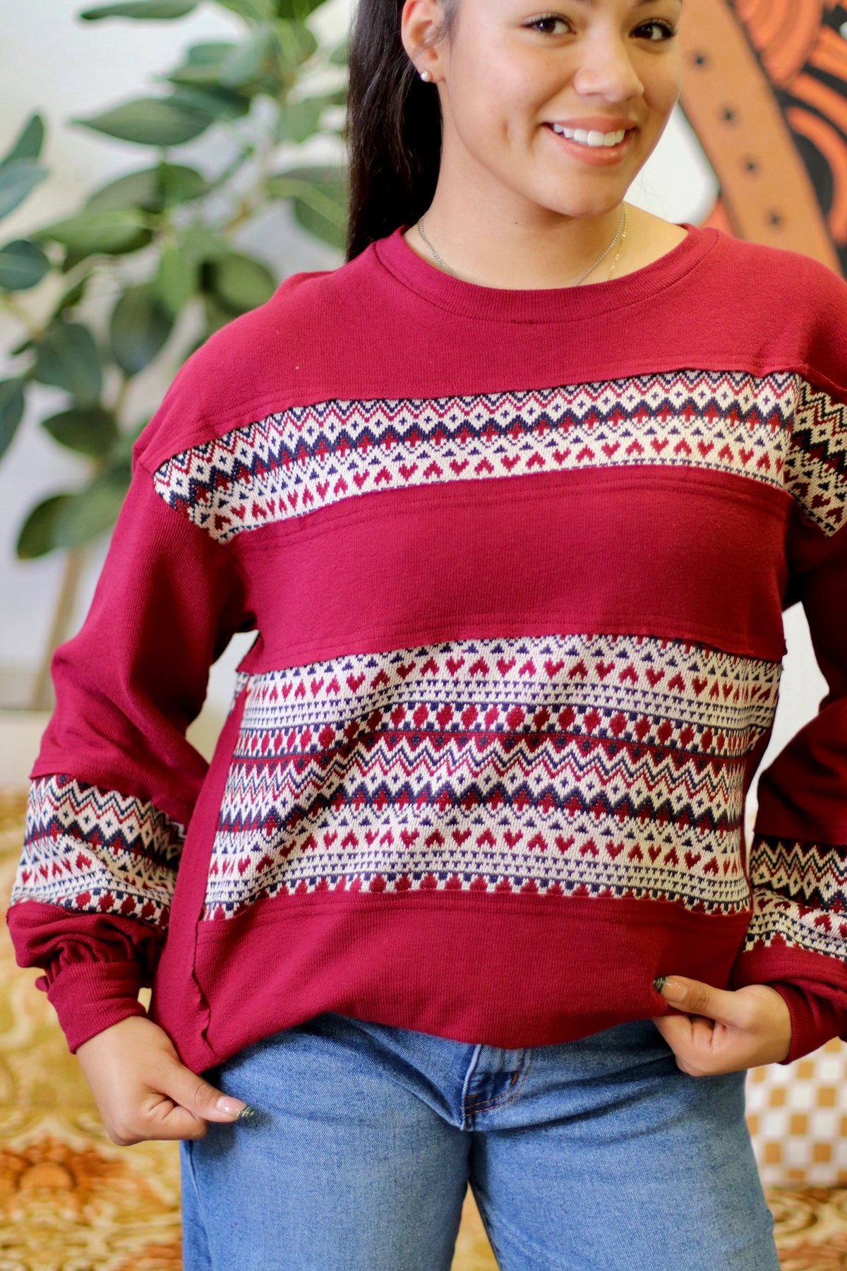 Oversized Contrast Knit Top in Wine