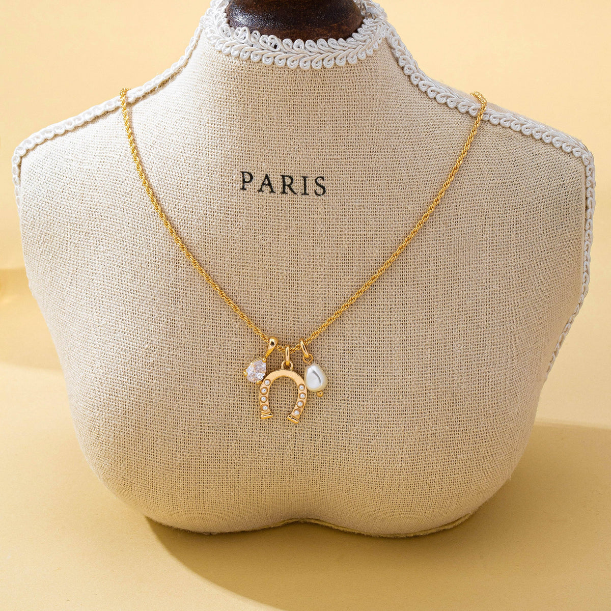 Pave Horseshoe & Pearl Drop Charm Necklace