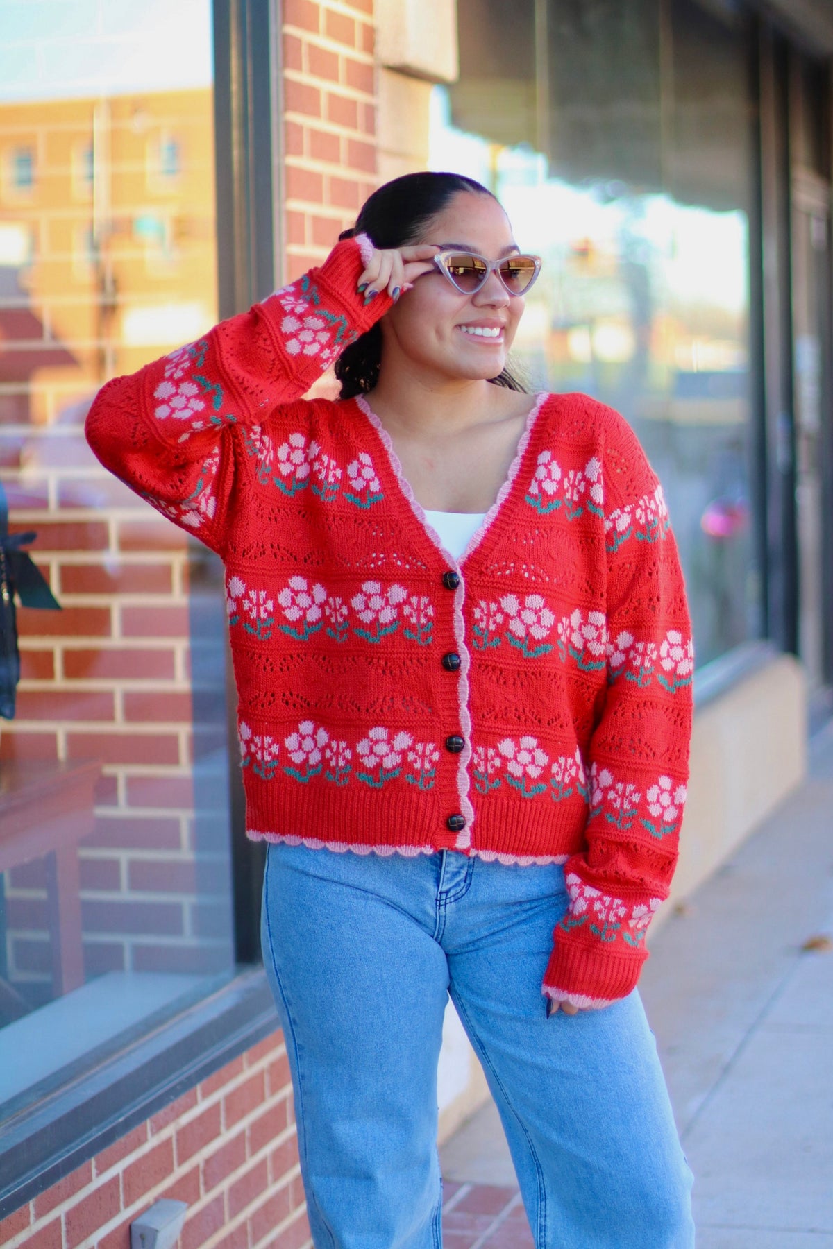 Cutie Red Floral Knit Cardigan