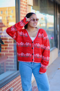 Cutie Red Floral Knit Cardigan