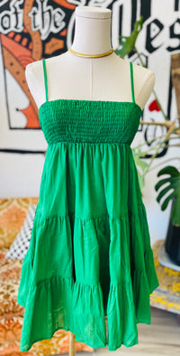 Cotton Smocked Tiered Mini Dress in Green