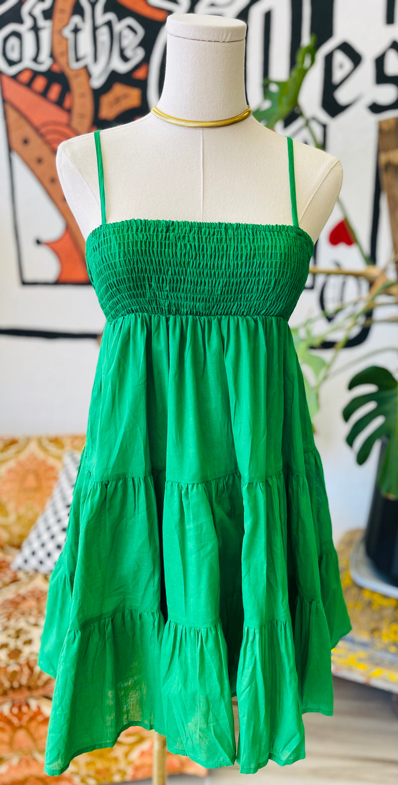 Cotton Smocked Tiered Mini Dress in Green