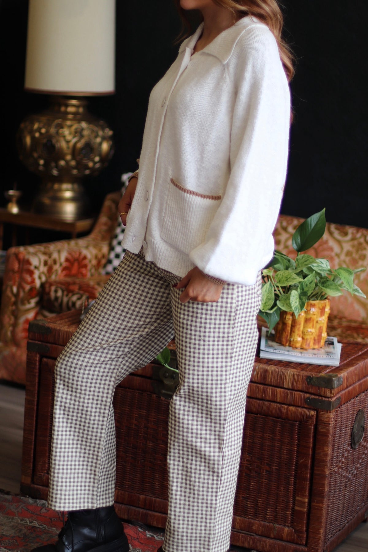 Alice Gingham Barrel Leg Pants in Taupe