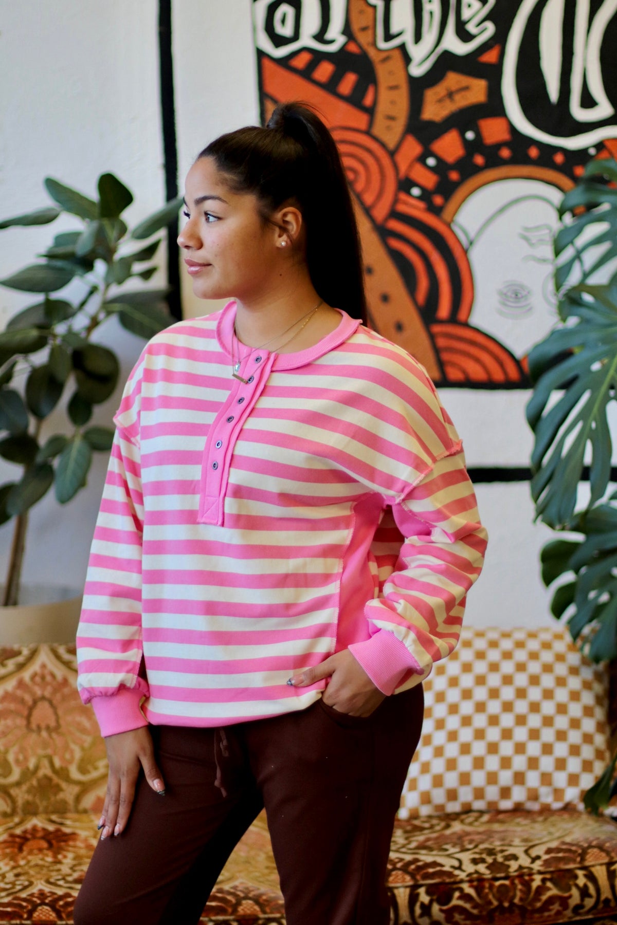 Pink Striped Half Button Down Top