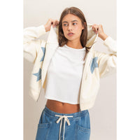 Cream Star Patch Zip-Up Hoodie