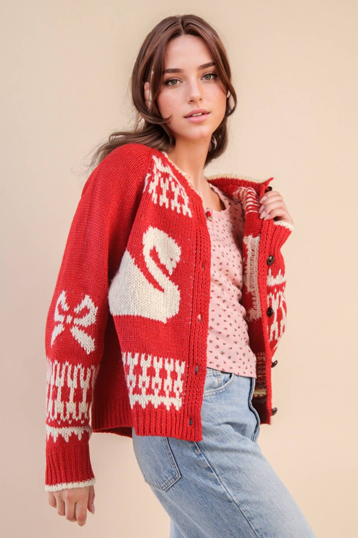 Swan Knit Cardigan + Red