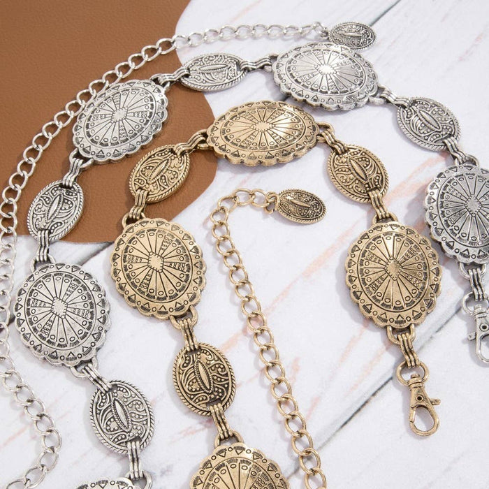 Ornate Oval Western Concho Disc Chain Belt