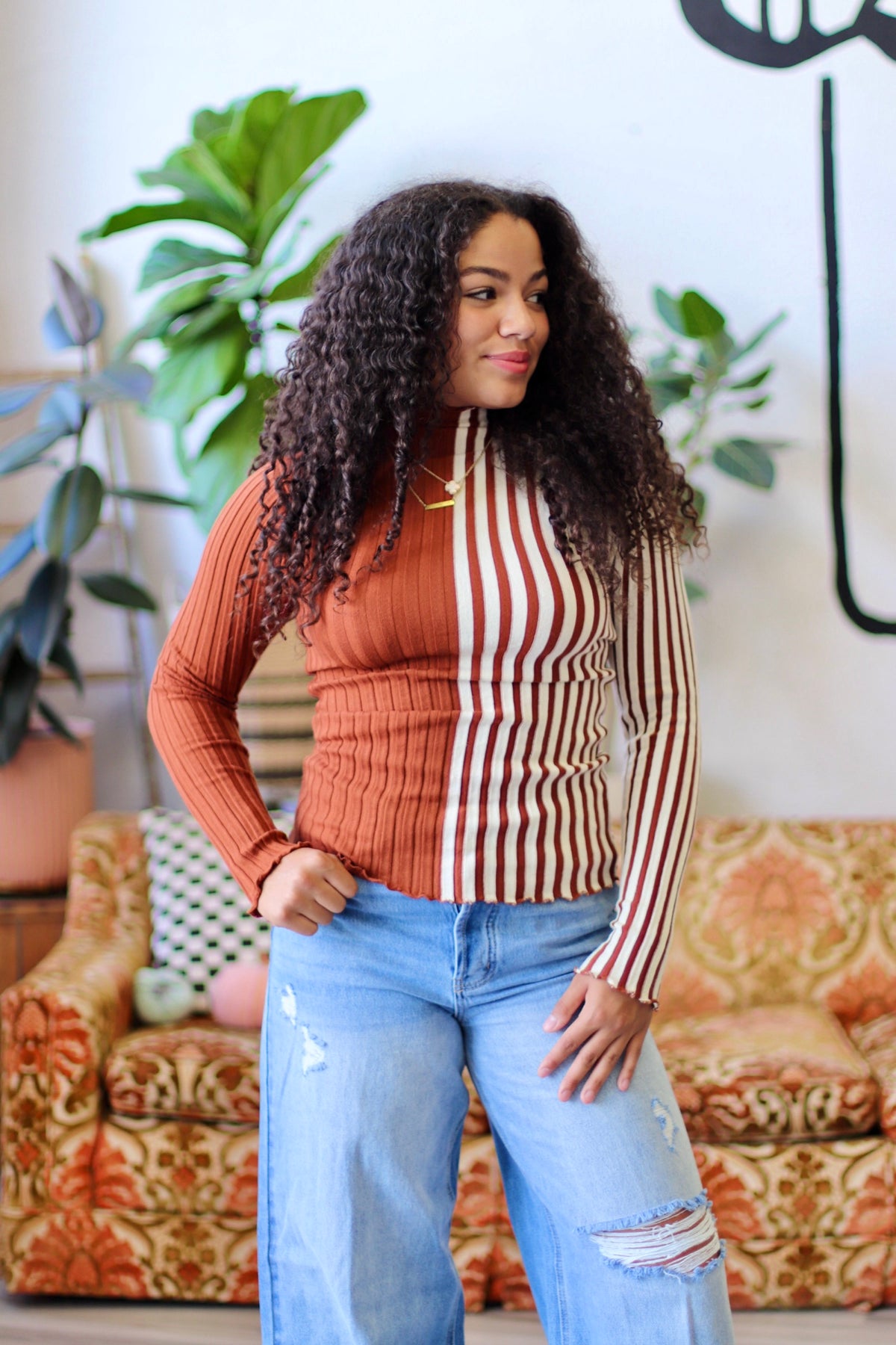 Striped Knit Long Sleeve Top in Rust