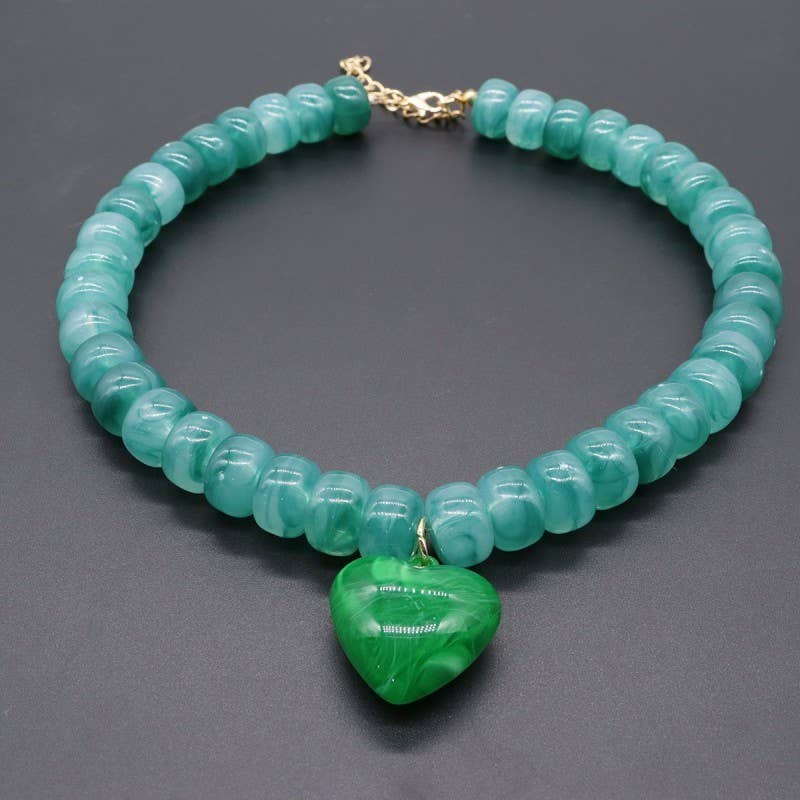 Jade Heart Pendant Resin Beaded Necklace