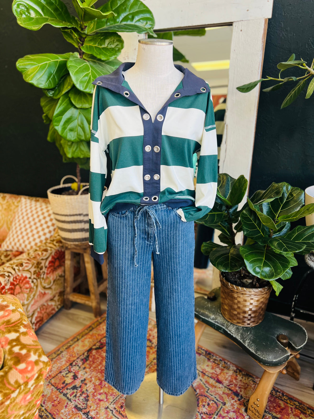 Saltburn Green Striped Collared Long Sleeve