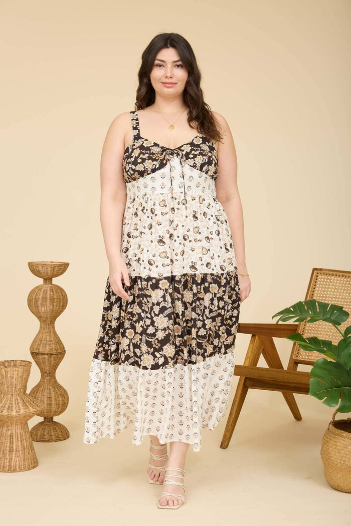 Curve + Brown Floral Tiered Midi Dress