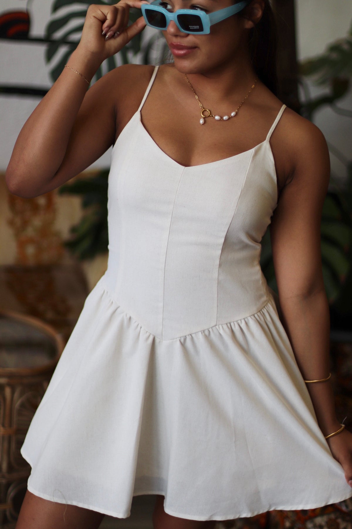 Angel Basque Waist Linen Mini Dress in White
