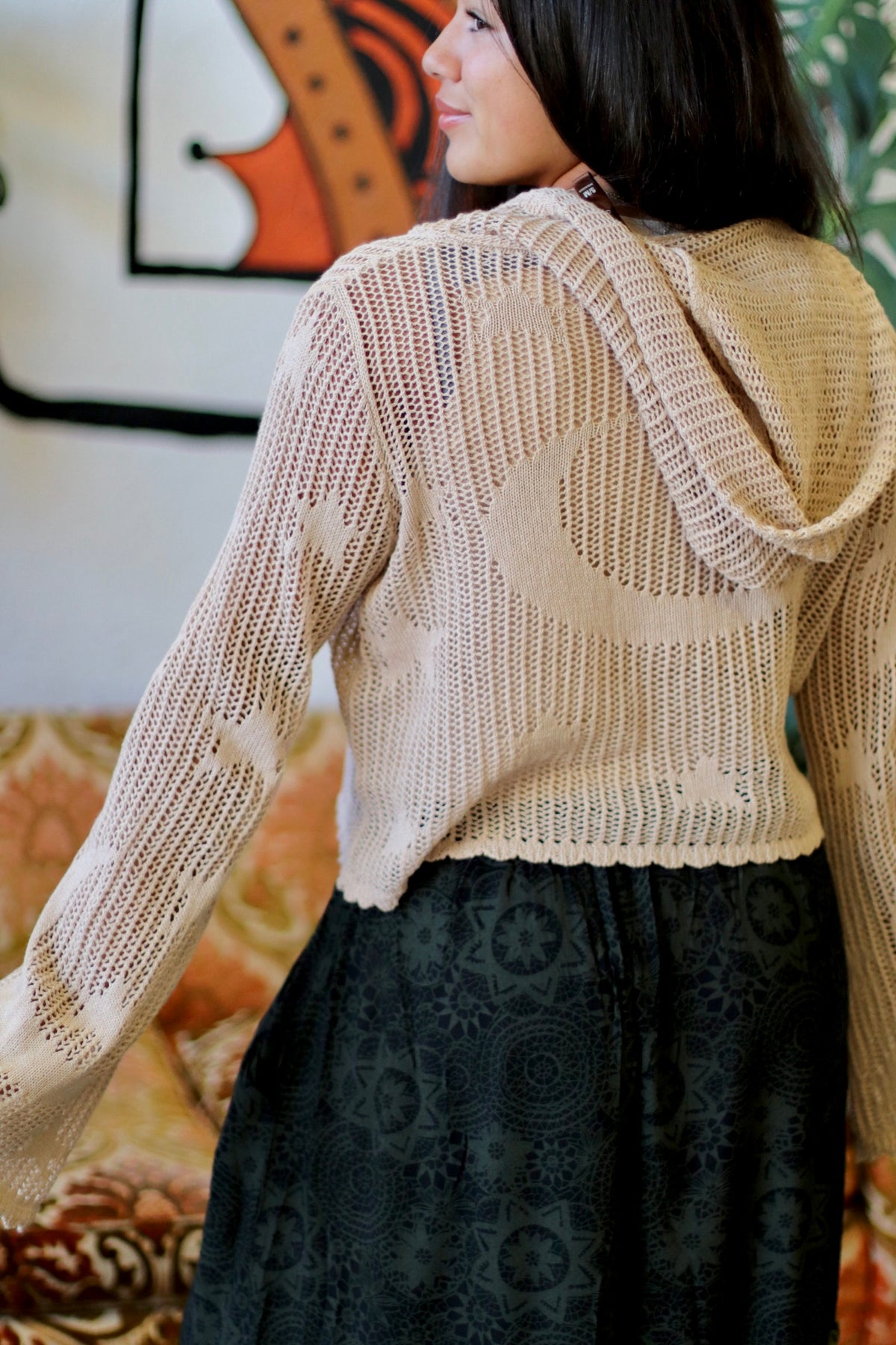 Celestial Lacy Cropped Zip Hoodie in Sand