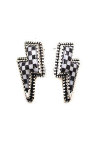 CHECKER THUNDER BOLT STUD EARRINGS: White