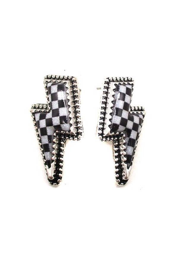 CHECKER THUNDER BOLT STUD EARRINGS: White
