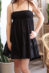 Cotton Smocked Tiered Mini Dress in Black