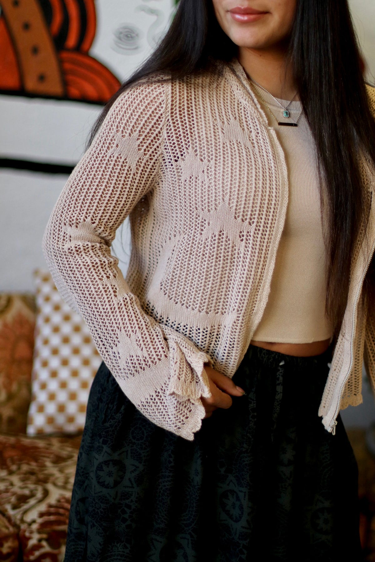 Celestial Lacy Cropped Zip Hoodie in Sand