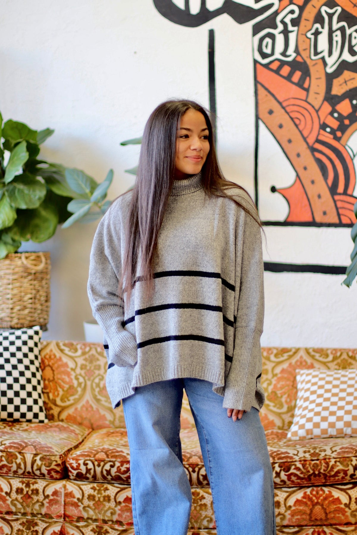 Striped Turtle Neck Oversized Sweater + Grey